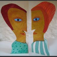 deux faces-bois peint 45cm